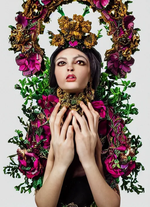 Image similar to full body environmental portrait photo of a young and beautiful female model, ornate headpiece made from flowers, ornaments, glamour shot by gemmy woud - binnendijk, chris knight, photorealistic, canon r 3, fashion photography, ornate, symmetrical features, octane render, unreal engine, solid dark background, clamp shell lighting, rim lighting