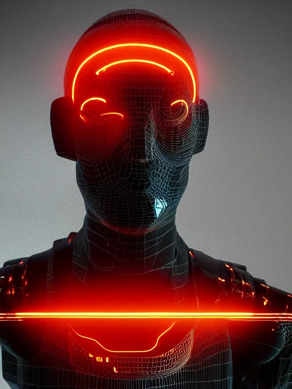 Prompt: cyborg head covered in bard wire, 3 d, in the style of blade runner, octane render, 8 k, rim lighting