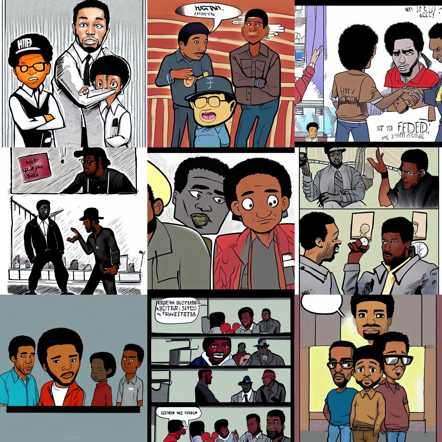 Prompt: fred hampton meeting huey and riley, drawn by Aaron McGruder