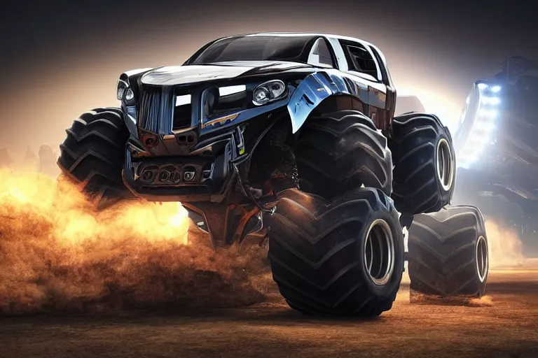 Image similar to still photo of a futuristic monster truck, highly detailed, photorealistic portrait, bright studio setting, studio lighting, crisp quality and light reflections, unreal engine 5 quality render