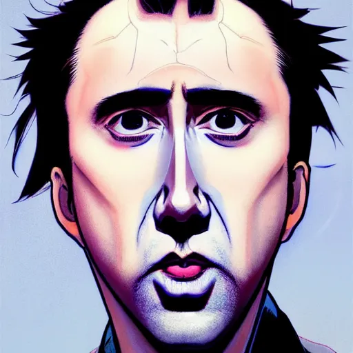 Image similar to prompt : blue nicolas cage illustration portrait soft light painted by james jean and katsuhiro otomo and erik jones, inspired by evangeleon anime, smooth face feature, intricate oil painting, high detail illustration, sharp high detail, manga and anime 1 9 9 9