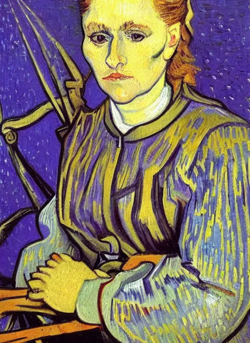 Image similar to detailed expressionist!! oil painting masterpiece portrait of joan d'arc!! by van gogh, 8 k resolution, smooth, sharp focus, matte painting, beautiful masterpiece expressionist painting, greys and golds and purples