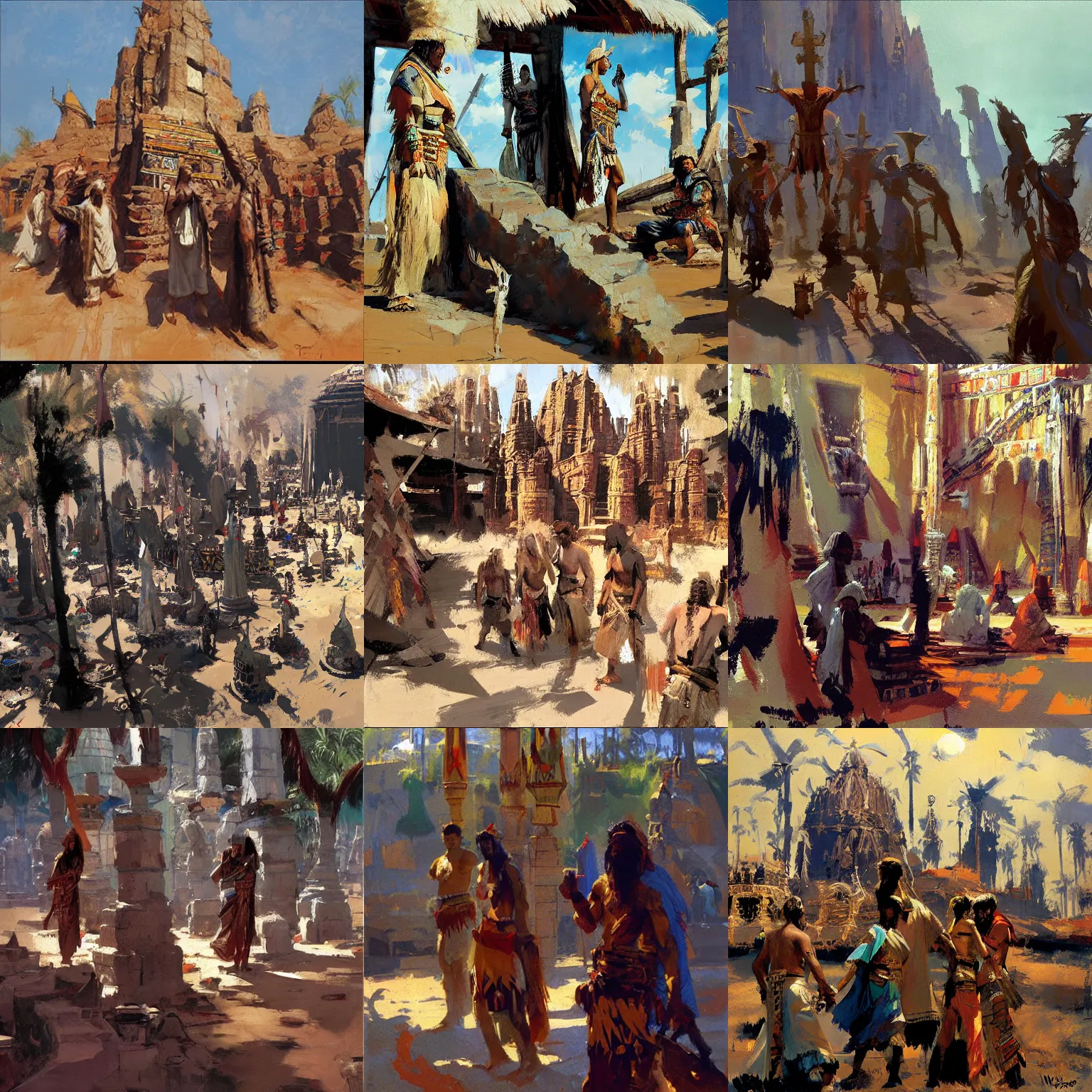 Prompt: tribal holy site, by greg manchess, craig mullins, bernie fuchs, walter everett