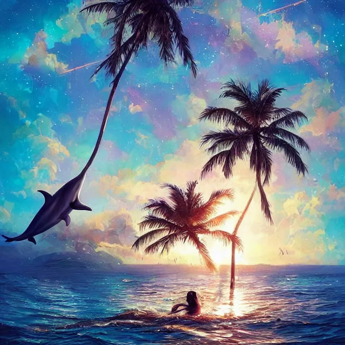 Image similar to dolphin swimming, golden hour, god rays, by artgerm and ismail inceoglu and greg olsen, palm trees, cosmos, milky way galaxy, masterpiece, beautiful, intricate, elegant, highly detailed