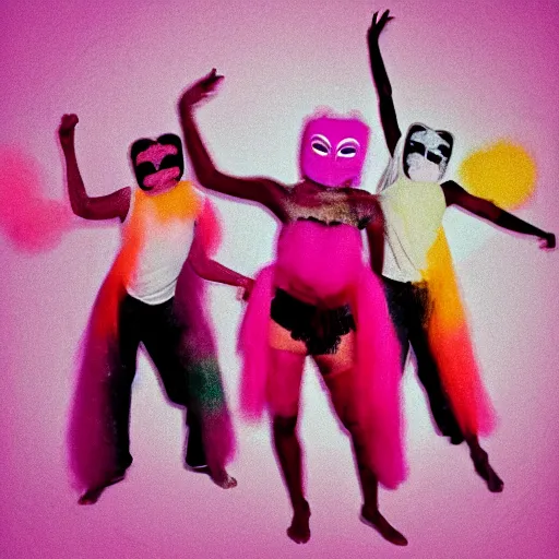 Image similar to photo of dancers made from cotton candy in big geometric MASKS, smudge, lo fi, mix, texture, lomography