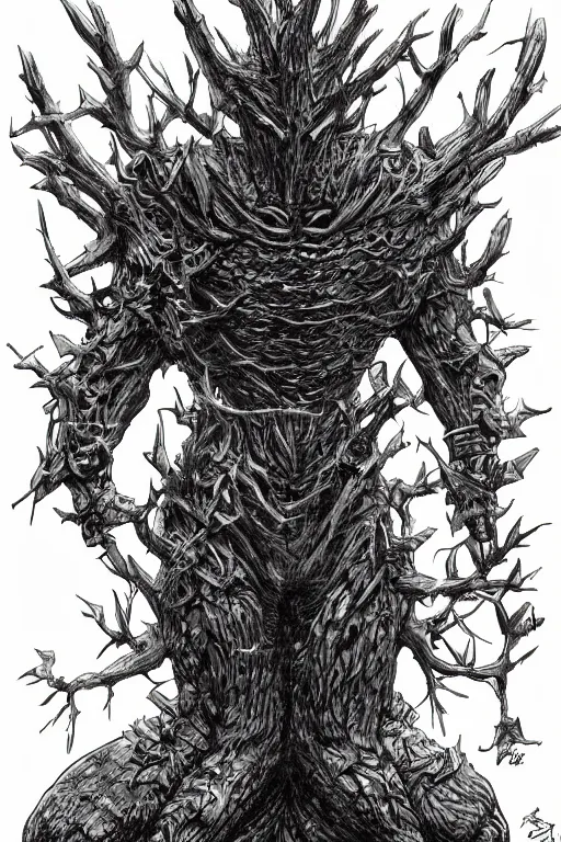 Image similar to armoured tree human figure monster, symmetrical, highly detailed, digital art, tree armour, sharp focus, trending on art station, kentaro miura manga art style