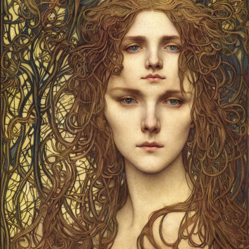 Prompt: detailed realistic beautiful young medieval queen face portrait by jean delville, alphonse mucha, vincent van gogh, and marco mazzoni, art nouveau, symbolist, visionary, gothic, pre - raphaelite