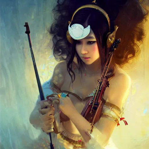Image similar to the portrait, masked female violinist, exotic costumes, gold jewelry, black hair ， illustration by wenjun lin, irakli nadar, bright colors, octopath traveler, wenjun lin, unreal engine 5 highly rendered, global illumination, radiant light, detailed and intricate environment