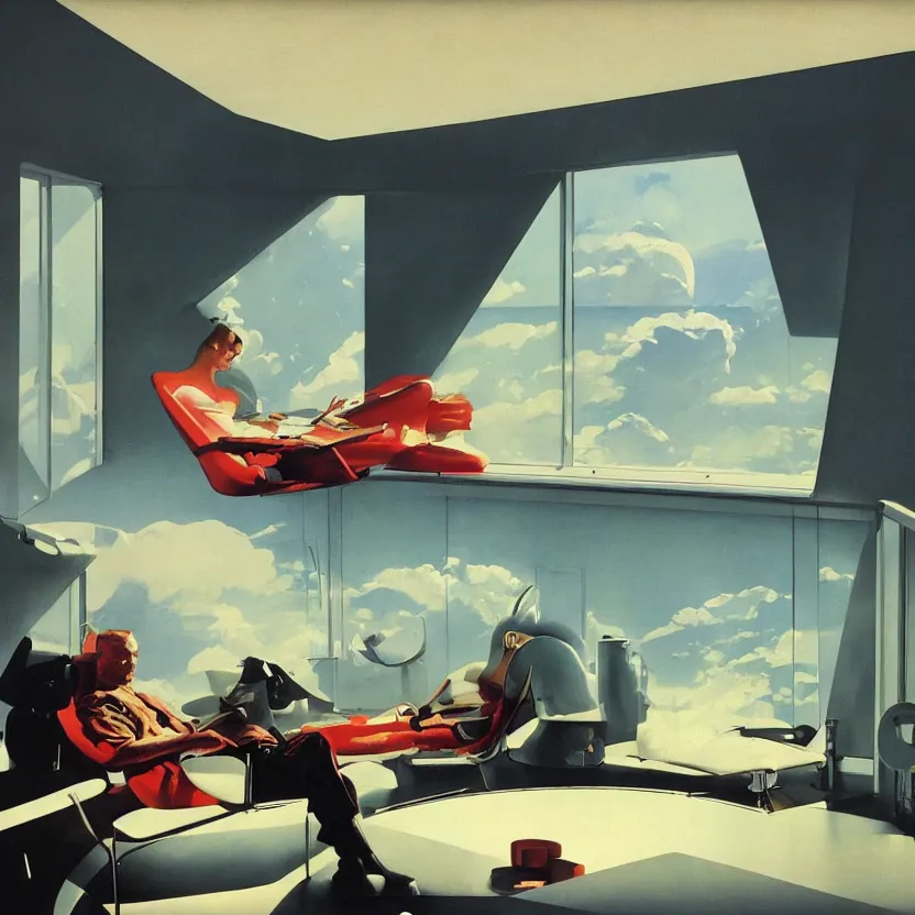 Prompt: a futuristic minimalist lounge room with a big window, wide open meadow. billowing clouds in the sky. highly detailed science fiction painting by norman rockwell, frank frazetta, and syd mead. rich colors, high contrast, gloomy atmosphere. trending on artstation.