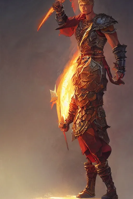 Image similar to dungeons and dragons warrior with flaming sword character full body side profile portrait, dramatic light, dungeon background, 2 0 0 mm focal length, painted by stanley lau, painted by greg rutkowski, painted by stanley artgerm, digital art, trending on artstation