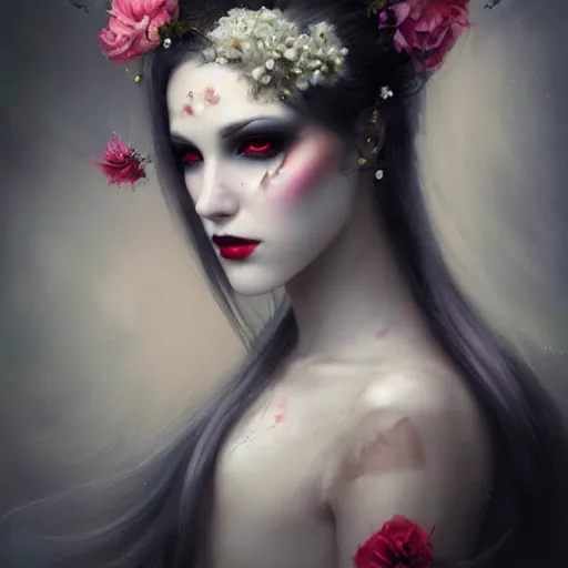 Prompt: A painting of a woman with white makeup and flowers on her head, cyberpunk art by Tom Bagshaw, Deviantart, gothic art, wiccan
