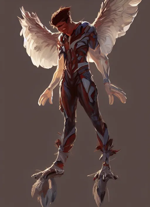 Image similar to character art by wlop, steve henderson, and j scott campbell, gooseman, male hero, goose head, wings, 4 k, arstation, trending, high quality, very detailed, digital