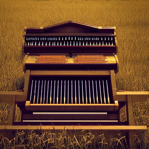 Prompt: a large church organ in a field, trending on artstation, render, 3 d, octane, 4 k, 8 k, unreal engine, cinema 4 d