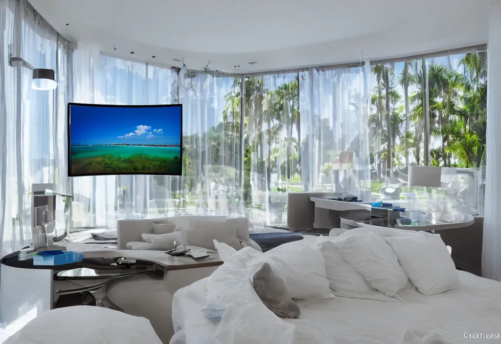 Image similar to curved transparent 3 dtv florida weathermap popping out of tv, volumetric lighting, bedroom, visor, users, pair of keycards on table, bokeh, creterion collection, shot on 7 0 mm, instax