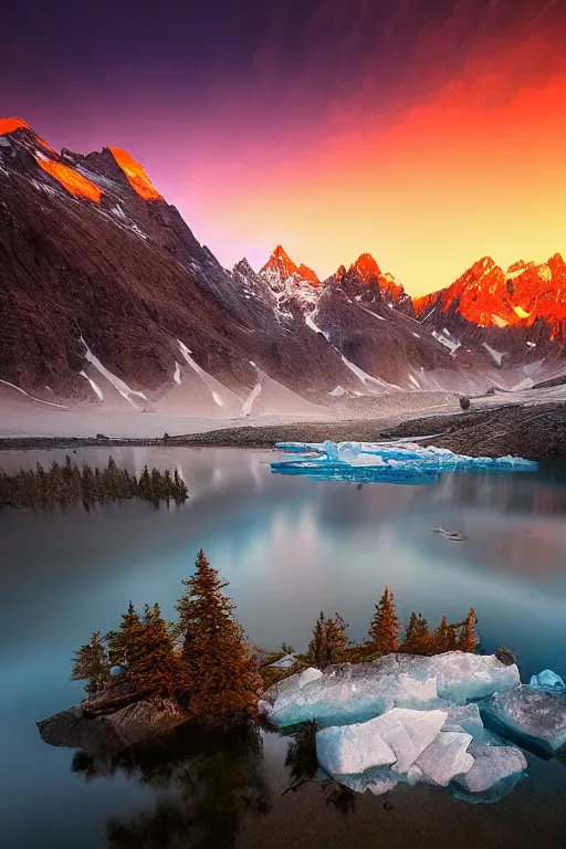 Prompt: a landscape by marc adamus, sunset, glacial, mountain, lake