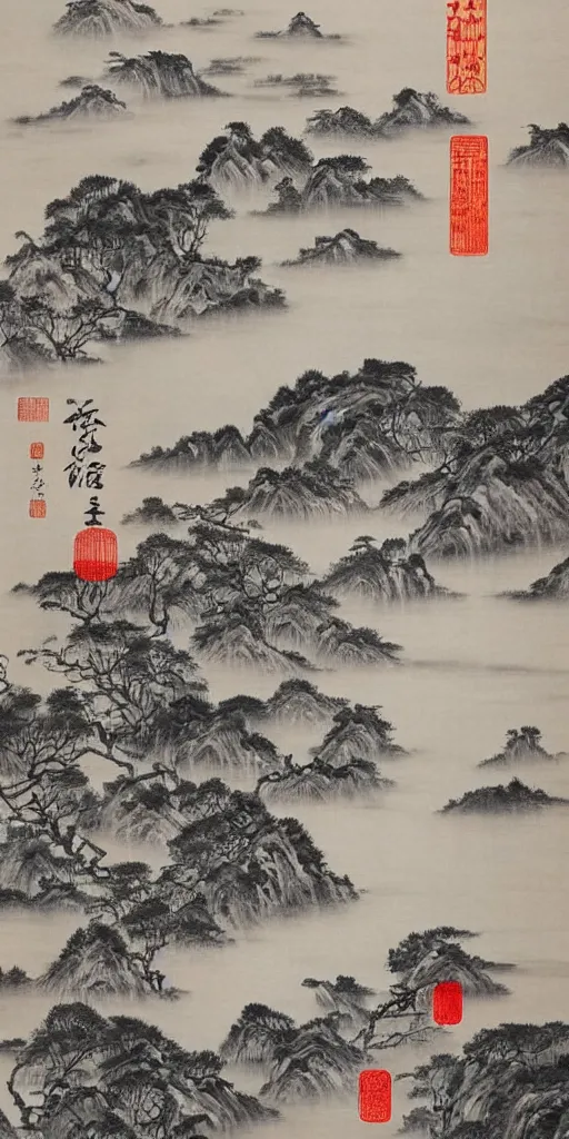 Prompt: Environmental shot, Beautiful!!!!! chinese ink-wash painting of a river!!!, beautiful brush strokes, red ink, birds flying , shui mo hua by Wang Mingming !!!, highly intricate