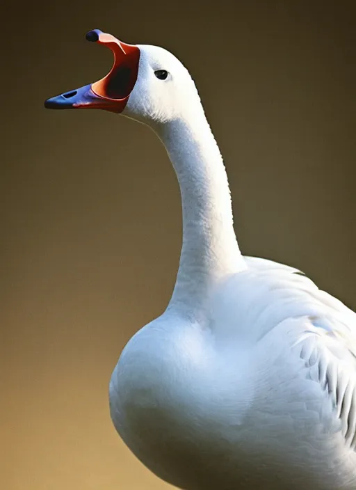 Prompt: ryan gosling fused with a white goose, bird with arms, natural light, bloom, detailed face, magazine, press, photo, steve mccurry, david lazar, canon, nikon, focus