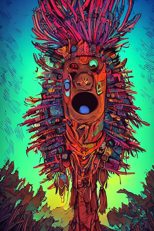Image similar to totem animal shaman vodoo mask feather gemstone plant wood rock tribal video game illustration vivid color borderlands by josan gonzales and dan mumford radiating a glowing aura