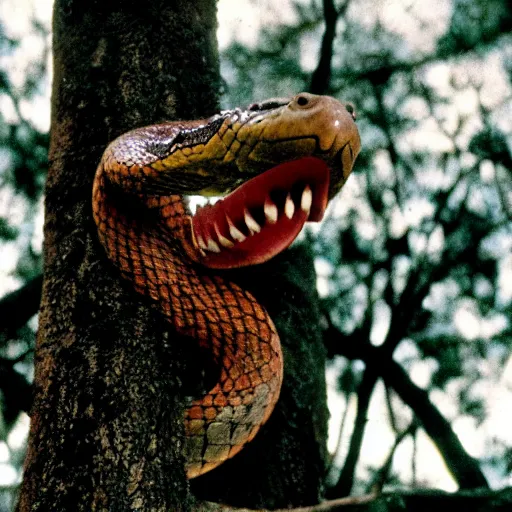 Image similar to cinematic still of demonic snake in a tree of mysterious looking fruit, horror film directed by wes craven