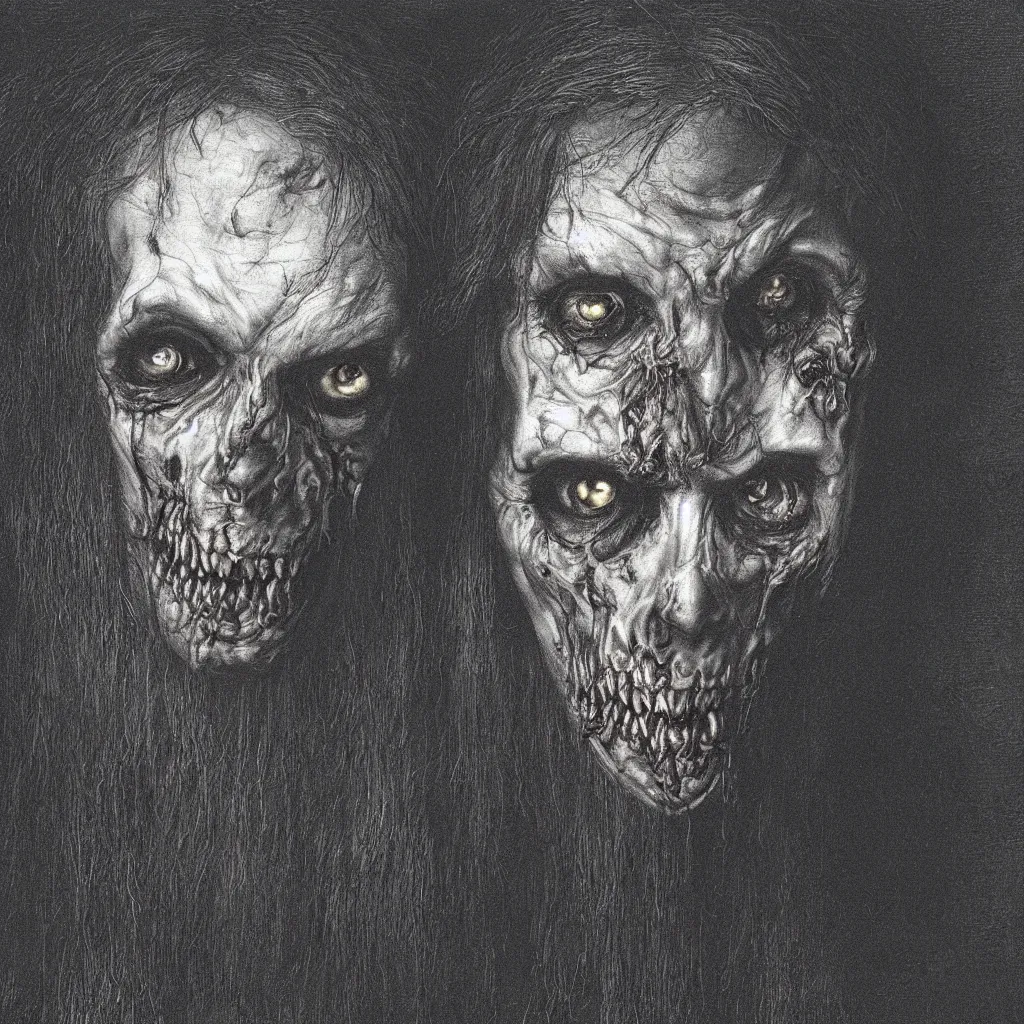 Image similar to closeup portrait of a zombie, creepy atmosphere, dark, portrait, realistic, very realistic, illustration by gustave dore