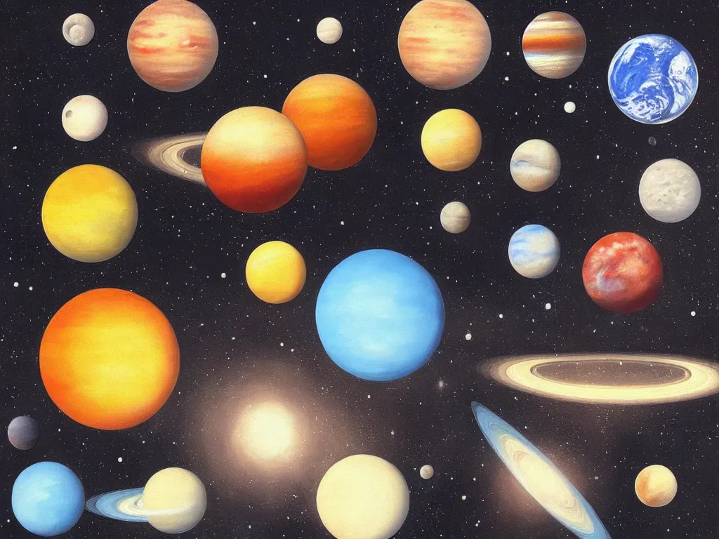 Image similar to A beautiful painting of five planets by Gioele Muscolino and, There are only five planets that are black, white, yellow, red, and blue, behind the galaxy and the universe, Trending on artstation, starry sky