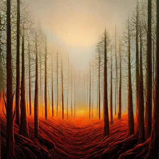 Image similar to a painting of a fire in a forest, a matte painting by Jeffrey Smith, deviantart, fantasy art, apocalypse landscape, apocalypse art, airbrush art