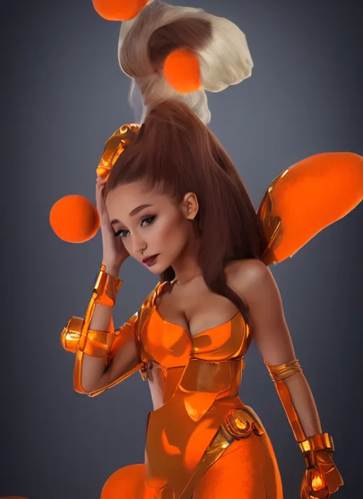 Prompt: ariana grande pinup wearing chicken nugget fantasy battle armor with an orange cloak by ilya kushvikov, symmetrical face concept art, octane render unreal engine meta humans, trending on artstation