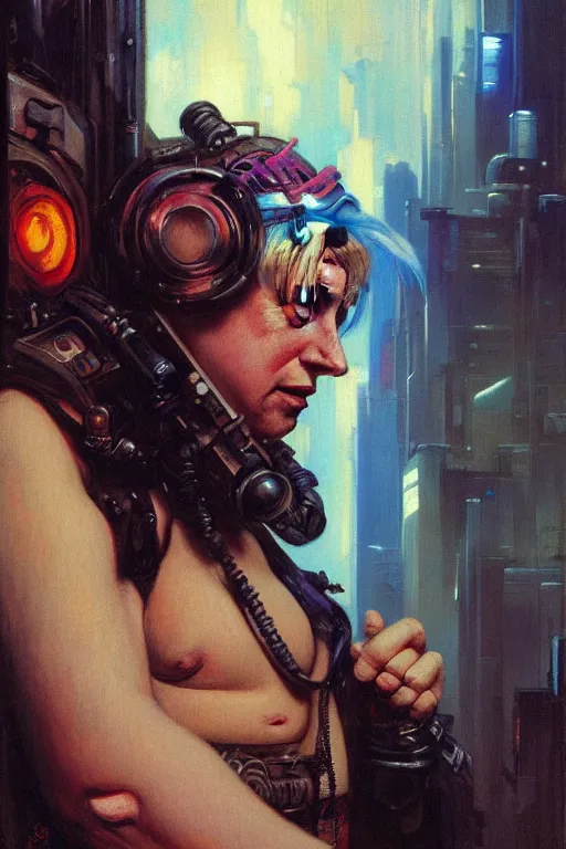 Image similar to cyberpunk, boris johnson, character design, painting by gaston bussiere, katsuya terada, frank frazetta, tom of finland, trending on artstation