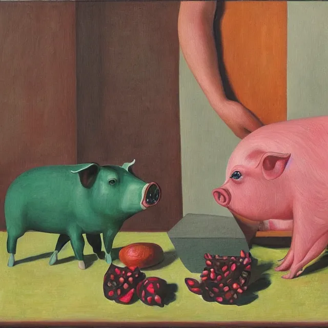 Image similar to a female art student in her apartment, sculpture work in progress, pig, pomegranate, acrylic on canvas, surrealist, by magritte and monet