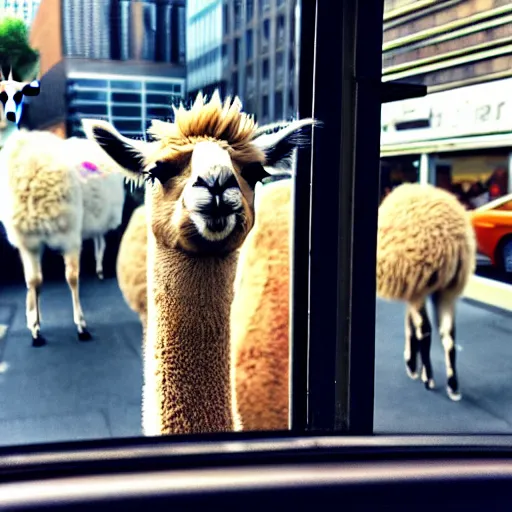 Image similar to <photograph accurate=true quality=very-high>looking out the window at a busy city street</photograph><photobomb>alpaca</photobomb>