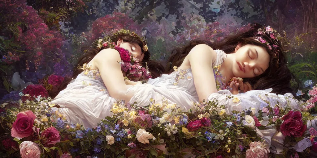 Prompt: mysterious sleeping beauty holding a large bouquet of flowing flowers, sleeping in an elaborate coffin, fantasy, regal, intricate, by stanley artgerm lau, greg rutkowski, thomas kindkade, alphonse mucha, loish, norman rockwell