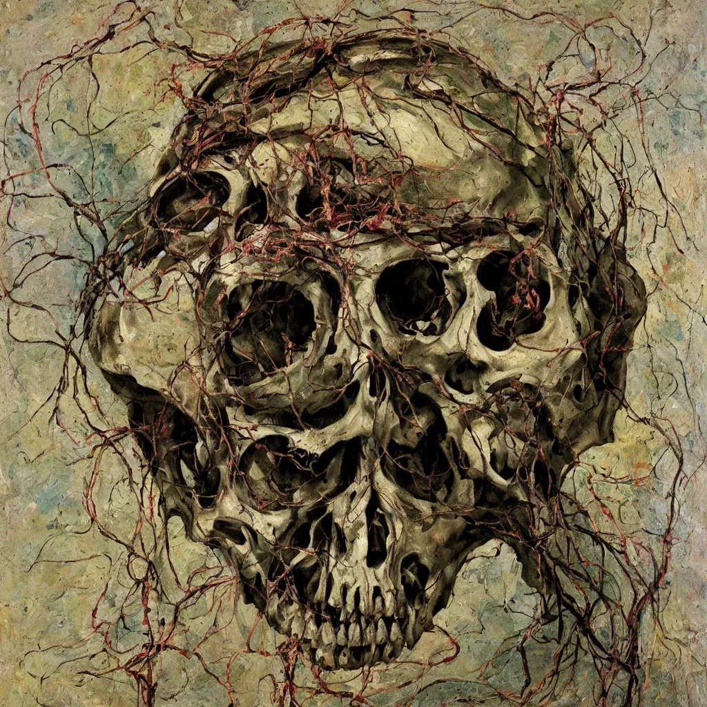 Prompt: Decaying cracked giant skull from which grow entangle vines and rich blooms, painted in the style of the old masters, painterly, thick heavy impasto, expressive impressionist style, painted with a palette knife