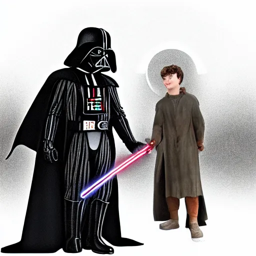 Image similar to darth vader visiting frodo in the shire, digital art,