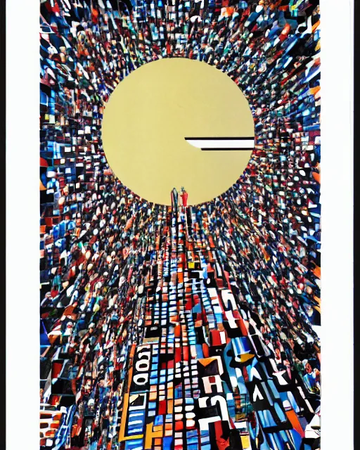 Image similar to A mid-century modern artistic collage, made of random geometric segments cut from fashion magazines, science magazines, and textbooks, of 2001: A Space Odyssey film poster. 1968