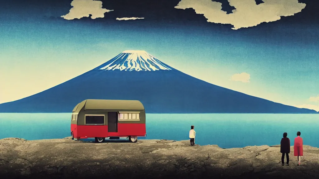 Image similar to a scene of two travellers and their camper touring overlook at the edge of yamanaka lake, reflecting mount fuji and a dramatic sky, japan, a collage painting, in the style of wes anderson, lola dupre, david hockney, isolated on negative white space background dark monochrome neon spraypaint accents volumetric octane render