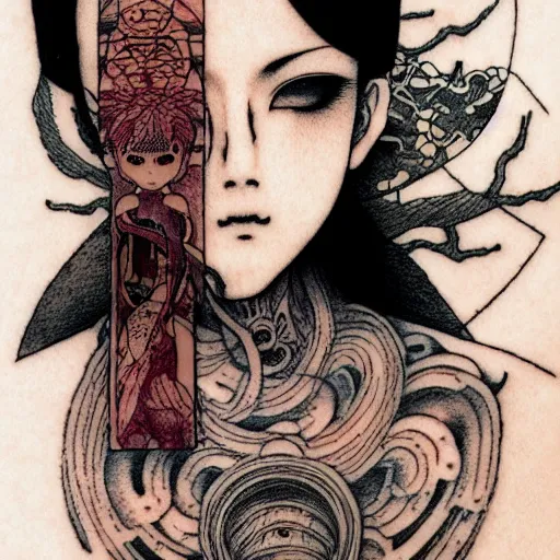 Image similar to prompt: Fragile looking character soft light portrait face drawn by Takato Yamamoto and Katsuhiro Otomo, tattooed face, facial hieroglyph tattoos , inspired by Akira 1988 anime, alchemical objects on the side, soft light, intricate detail, intricate gouache painting detail, sharp high detail, manga and anime 2010