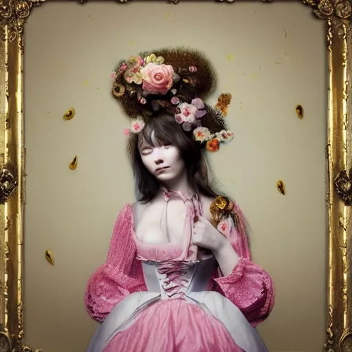 Image similar to 8k, octane render, realism, tonalism, renaissance, rococo, baroque, portrait of a young lady wearing long harajuku manga dress with flowers and skulls, background chaotic gold leaf flowers