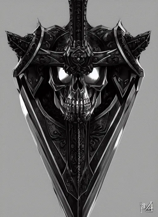 Image similar to a black and silver sword skull crest, orthographic, ornament, weapon, a 2 d render by dom qwek, front side, concept art, trending on polycount, artstation, hard surface modeling, rendered in maya, zbrush, hd, vray, blizzard, symmetry