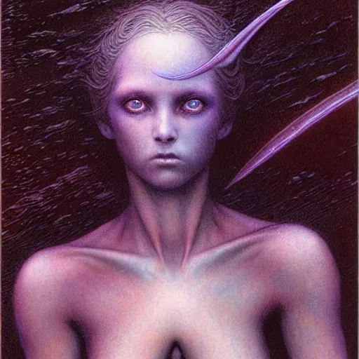 Image similar to cute young vampire tomboy girl with short dark hairs on lovecraftian planet by jean delville by luis royo and wayne barlowe, beksinski