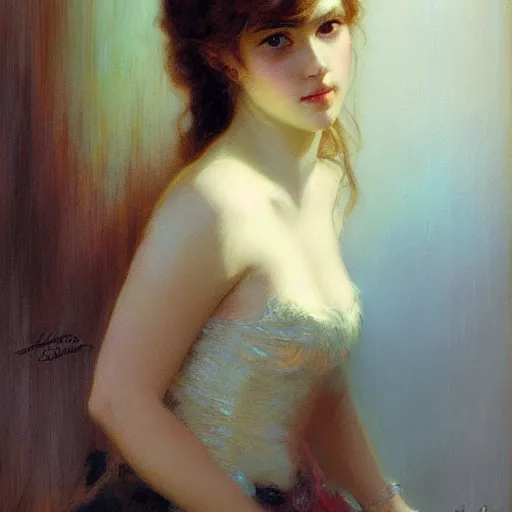 Prompt: a good fashion model studio backlit portrait of sombre anime girl, painting by gaston bussiere, craig mullins, j. c. leyendecker