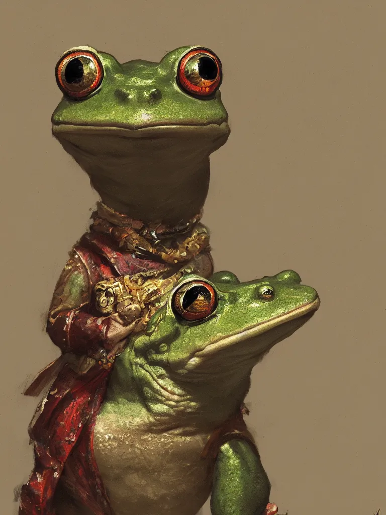 Image similar to Portrait of a medieval humanoid frog dressed in rich clothes and carrying magic trinkets, painted by Craig Mullins, trending on ArtStation