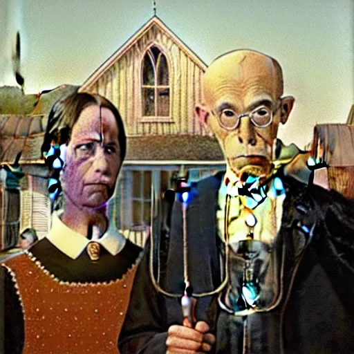 Image similar to baphomet and aleister crowley in the style of american gothic