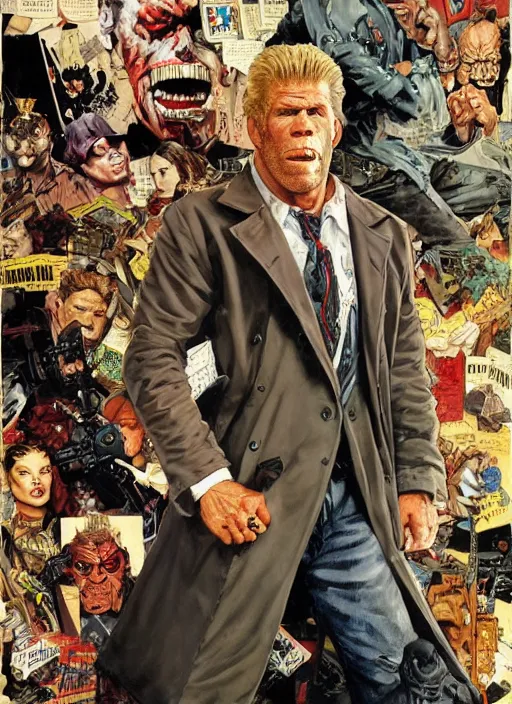 Prompt: full body and head portrait of huge ron perlman in tattered suit and trench coat, dynamic action, painted by norman rockwell and phil hale and greg staples and tom lovell and frank schoonover and jack kirby