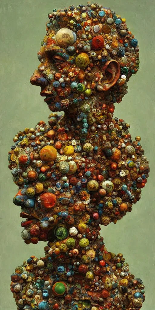 Image similar to a sculpture portrait made of bacteria and virus and molecules and atoms, painting part by wojciech siudmak, part by ilya repin, part by max ernst, part by norman rockwell, artstation