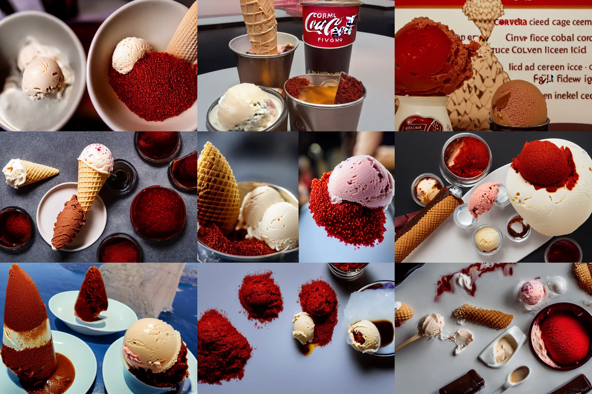 Prompt: a large island of red caviar and ice cream and brown water in the center of which there are mountains with ice cream ( five scoops ice cream cone original oil by suekill ), instead water brown coca cola ( cold brew coffee )