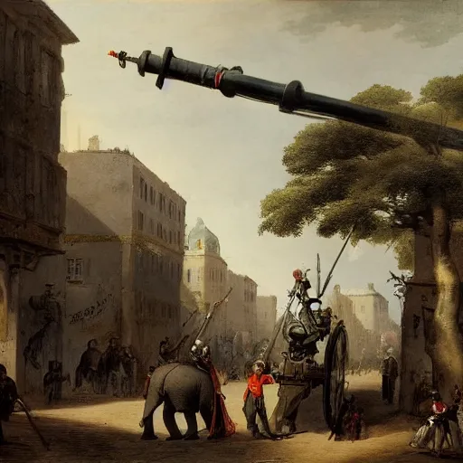 Image similar to elephant with a ww 1 artillery gun in place of its head, men in napoleonic uniform operate the artillery gun, the elephant walks through the streets of a medieval city, illustration, rpg, hubert robert