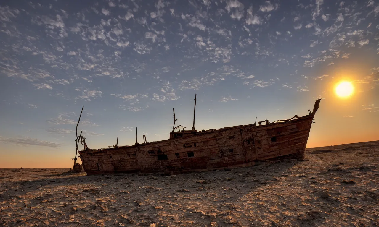 Image similar to an abandoned ship in the aral sea desert, setting sun, photorealistic, 4k, 8k, very detailed