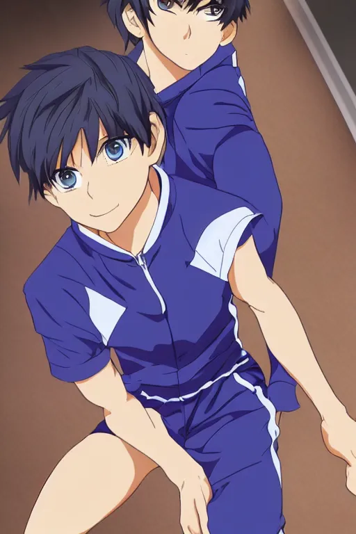 Image similar to portrait of a teen boy wearing a blue and white jumpsuit, brown spiky hair, tan skin, purple eyes, detailed, anime key visual, hisashi hirai