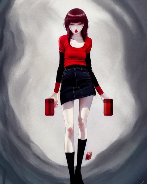Image similar to a full body portrait of pale skin beauty in mini skirt and crop top, black hair, red lips, digital painting by ilya kuvshinov and ross tran and karol bak and stanley lau and anna dittmann and artgerm and xiaoguang sun and tian zi