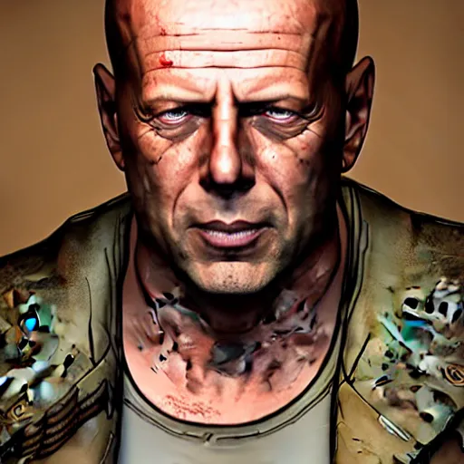 Image similar to bruce willis portrait, borderlands, tales from the borderlands, the wolf among us, comic, cinematic lighting, studio quality, 8 k
